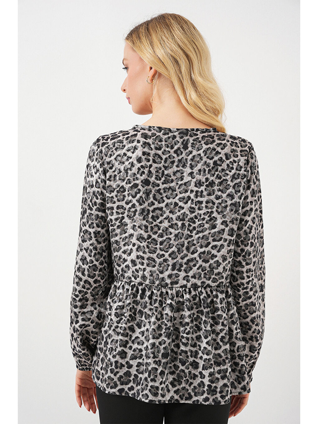 Kadın Desenli Uzun Kol Bluz 970 - Antrasit-5