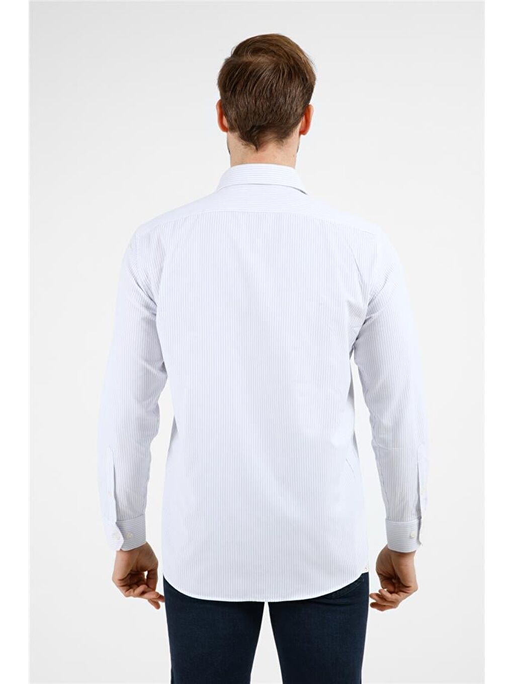 Beyaz - Mavi Çizgili Desen Sert Yaka Uzun Kol Cepli Comfort Fit Pamuklu Gömlek 1004255208-2