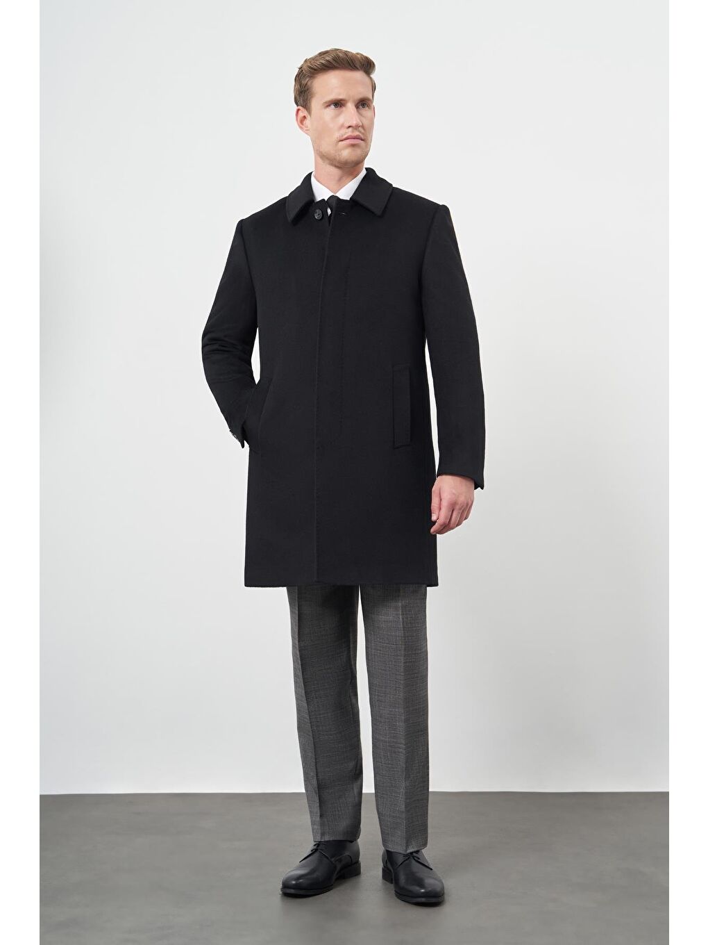 Siyah 110 Cm Kaşe Düz Sırt Kapitoneli Astar Comfort Fit Classic Palto 1005245154