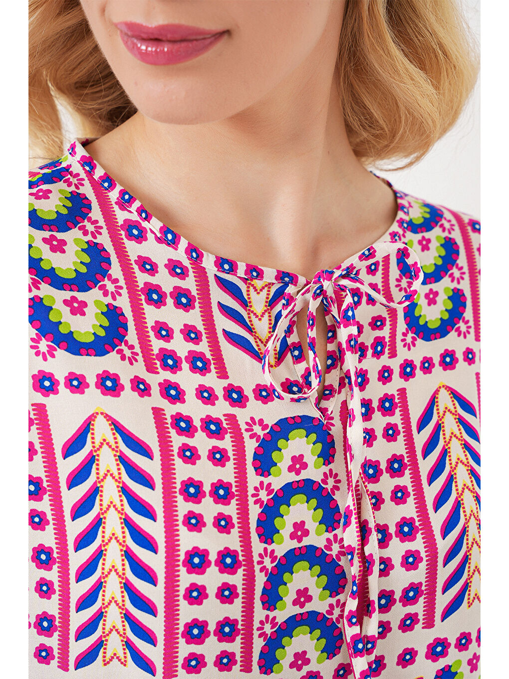 Kadın Desenli Uzun Kol Bluz 970 - Fuşya-4