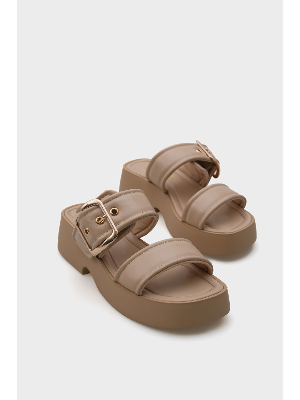 Bej Merry Dolgu Topuklu Çift Bantlı Tokalı Kadın Konfor Terlik-1