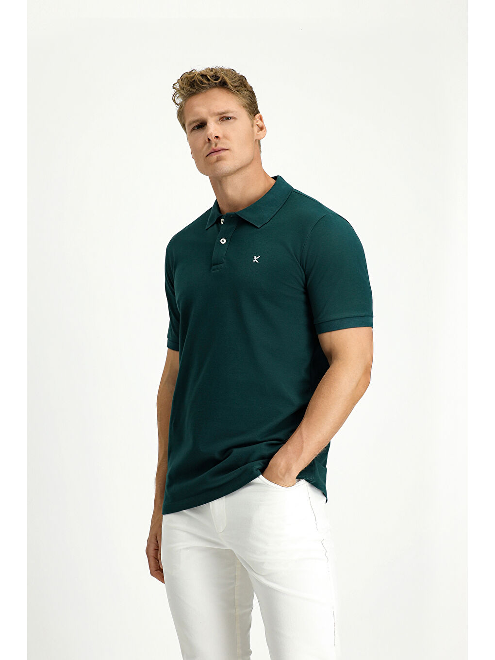 Yeşil Polo Yaka Slim Fit Dar Kesim Nakışlı Pamuk %100 Pamuk Tişört