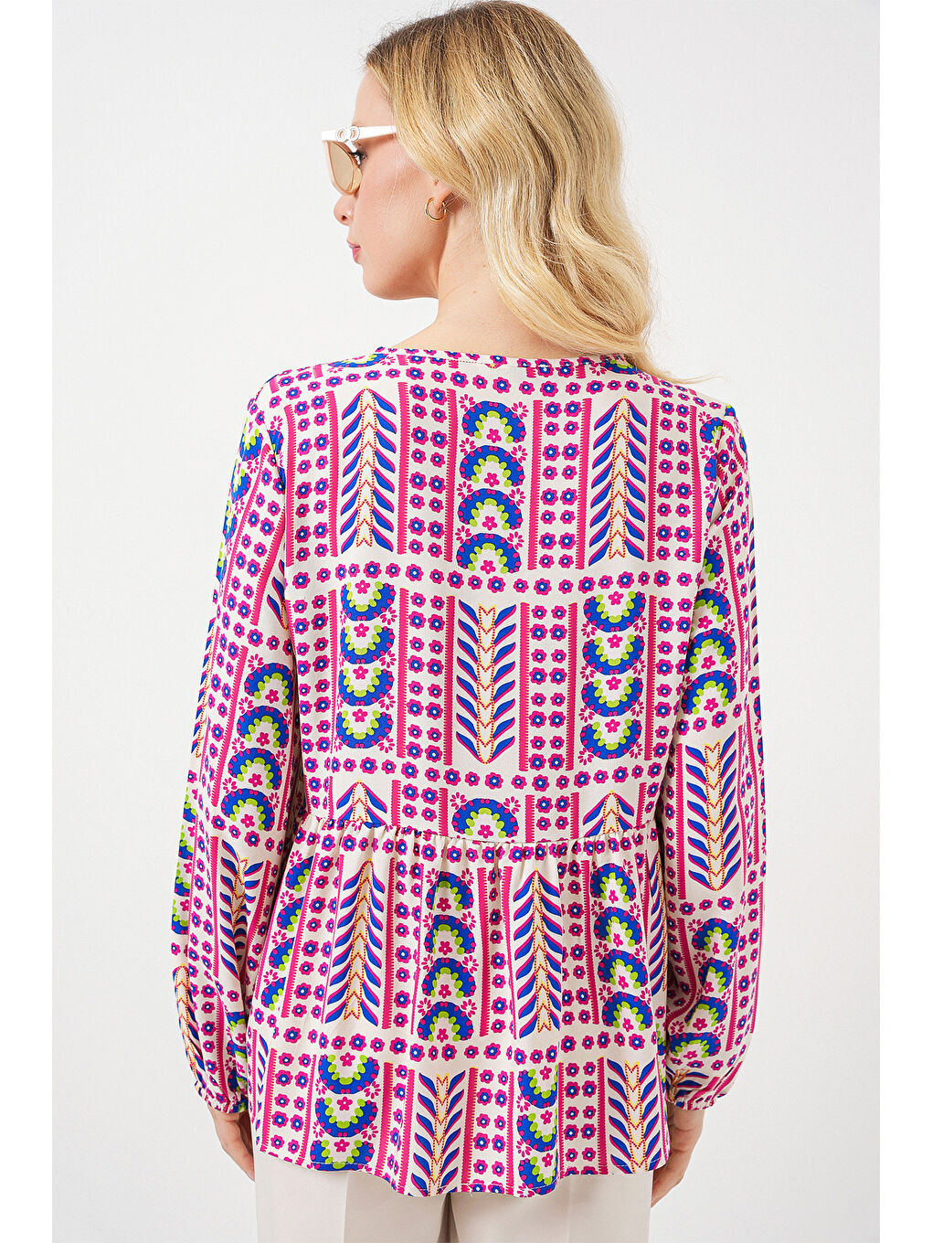Kadın Desenli Uzun Kol Bluz 970 - Fuşya-5