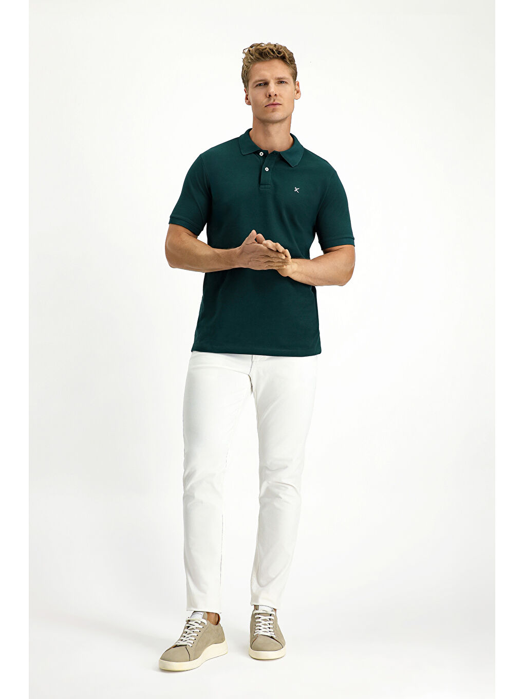 Yeşil Polo Yaka Slim Fit Dar Kesim Nakışlı Pamuk %100 Pamuk Tişört-1