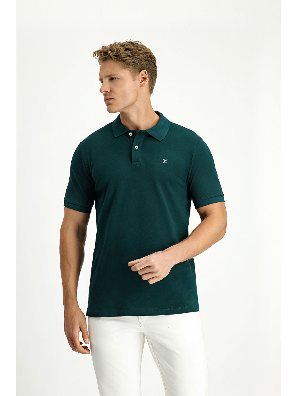 Yeşil Polo Yaka Slim Fit Dar Kesim Nakışlı Pamuk %100 Pamuk Tişört-2