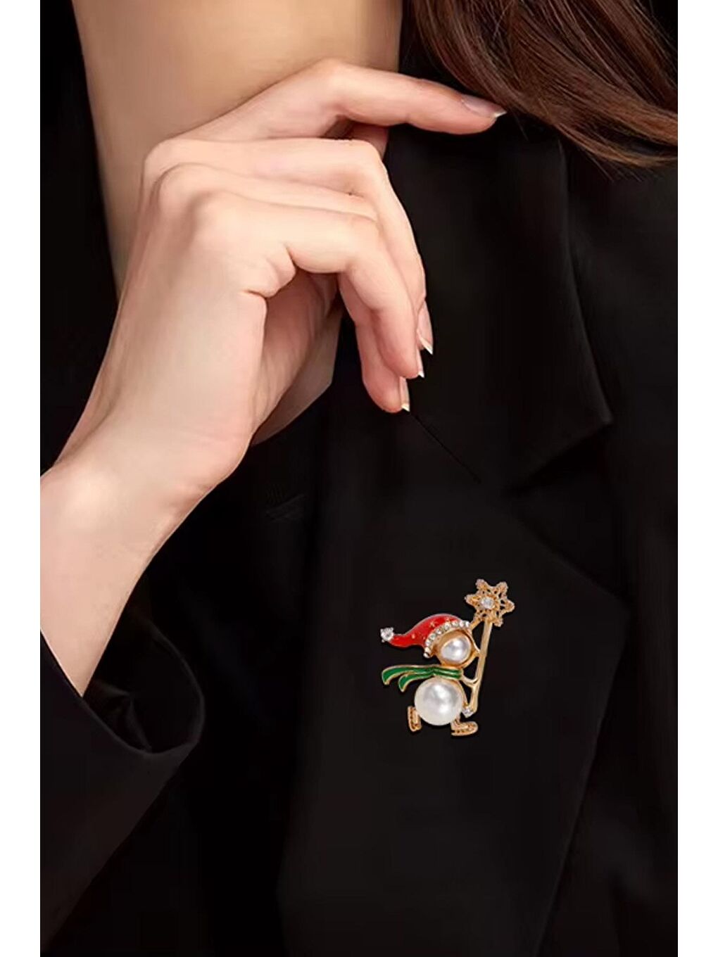 Sarı Yılbaşı İnciden Kardan Adam Yaka İğnesi Broş-6