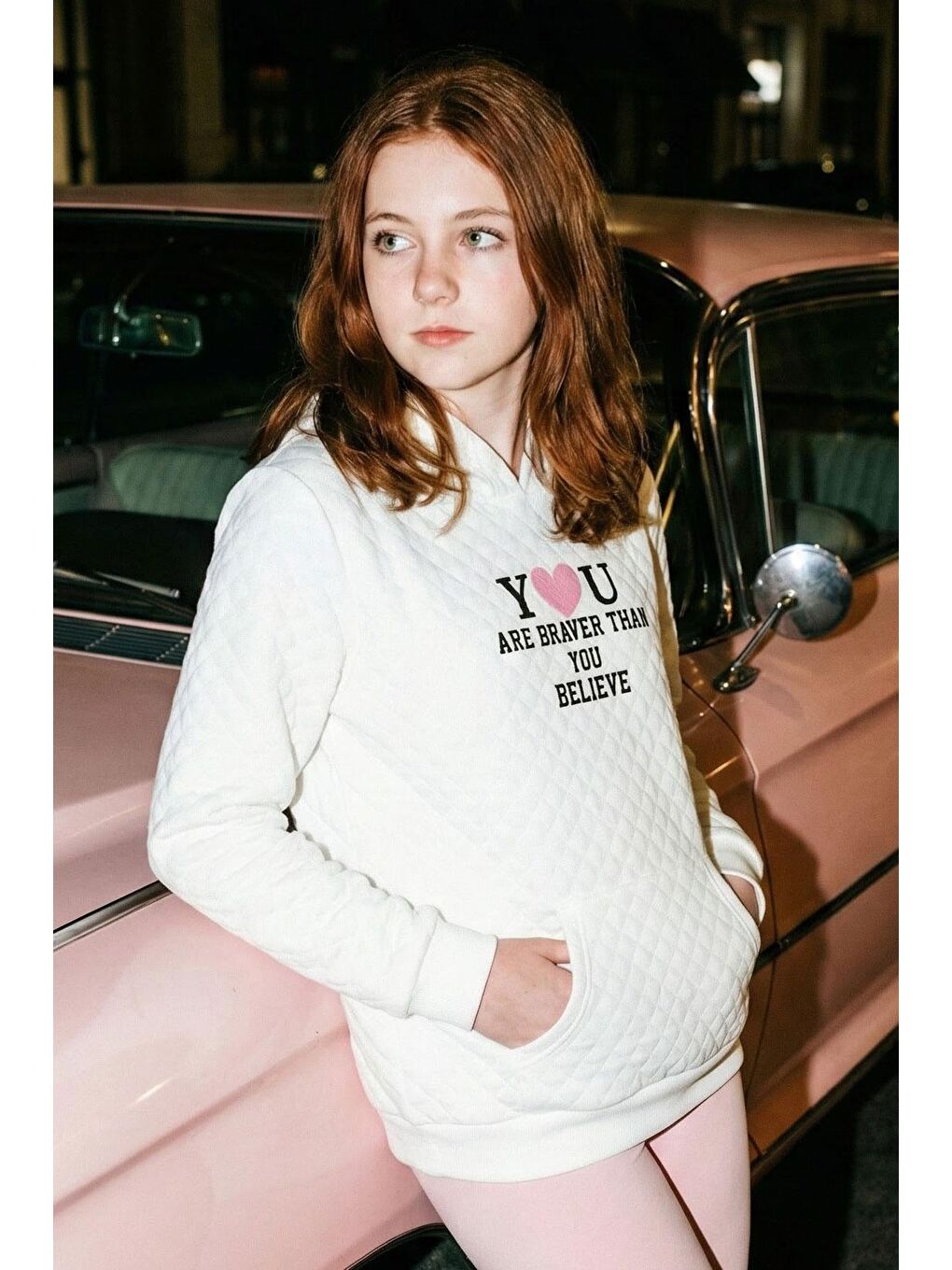 Kız Çocuk Sweatshirt Kapitone Desenli Kanguru Cepli Ekru (8-14 Yaş)