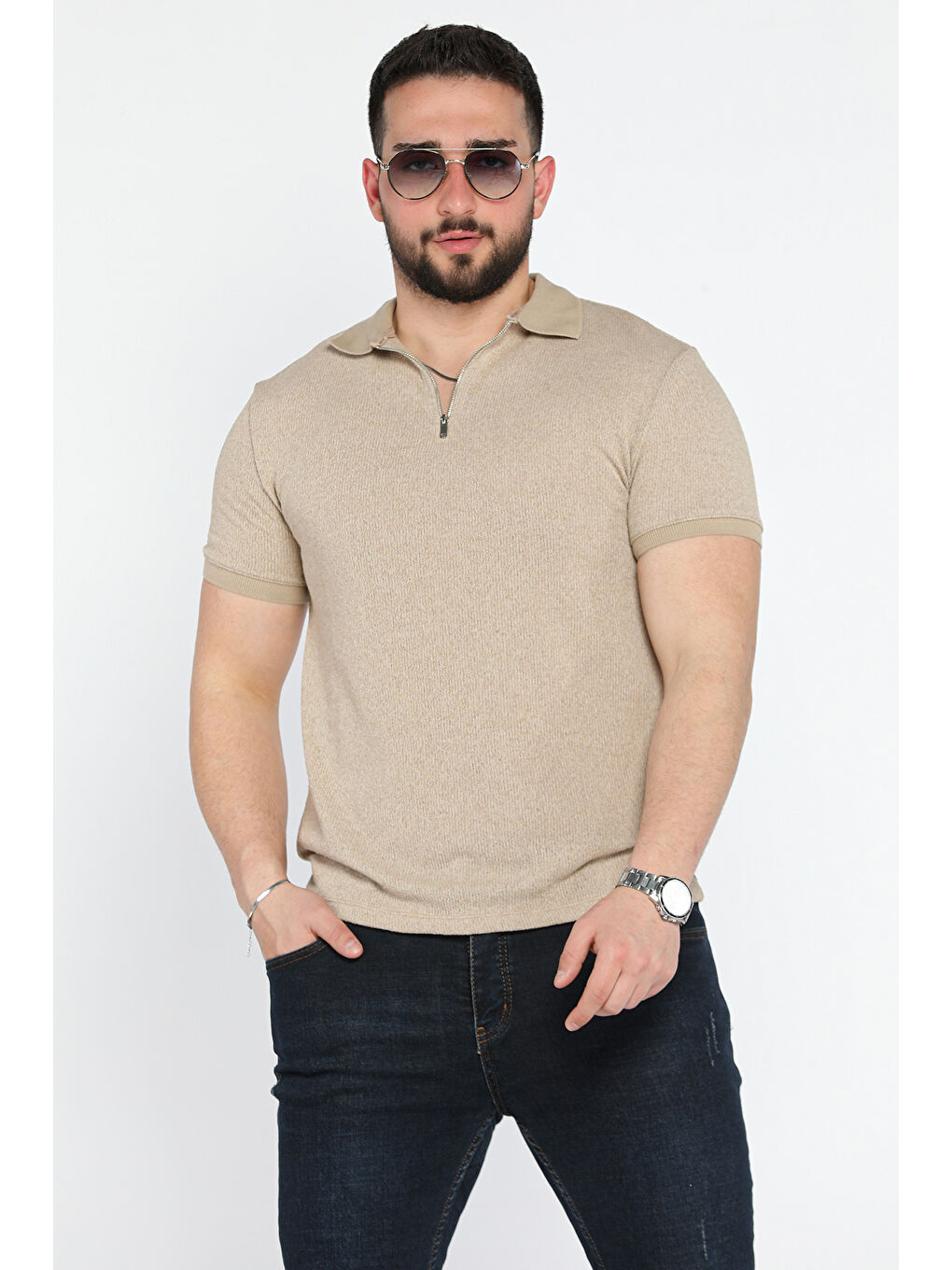 Bej Erkek Polo Yaka Yarım Fermuarlı Tişört