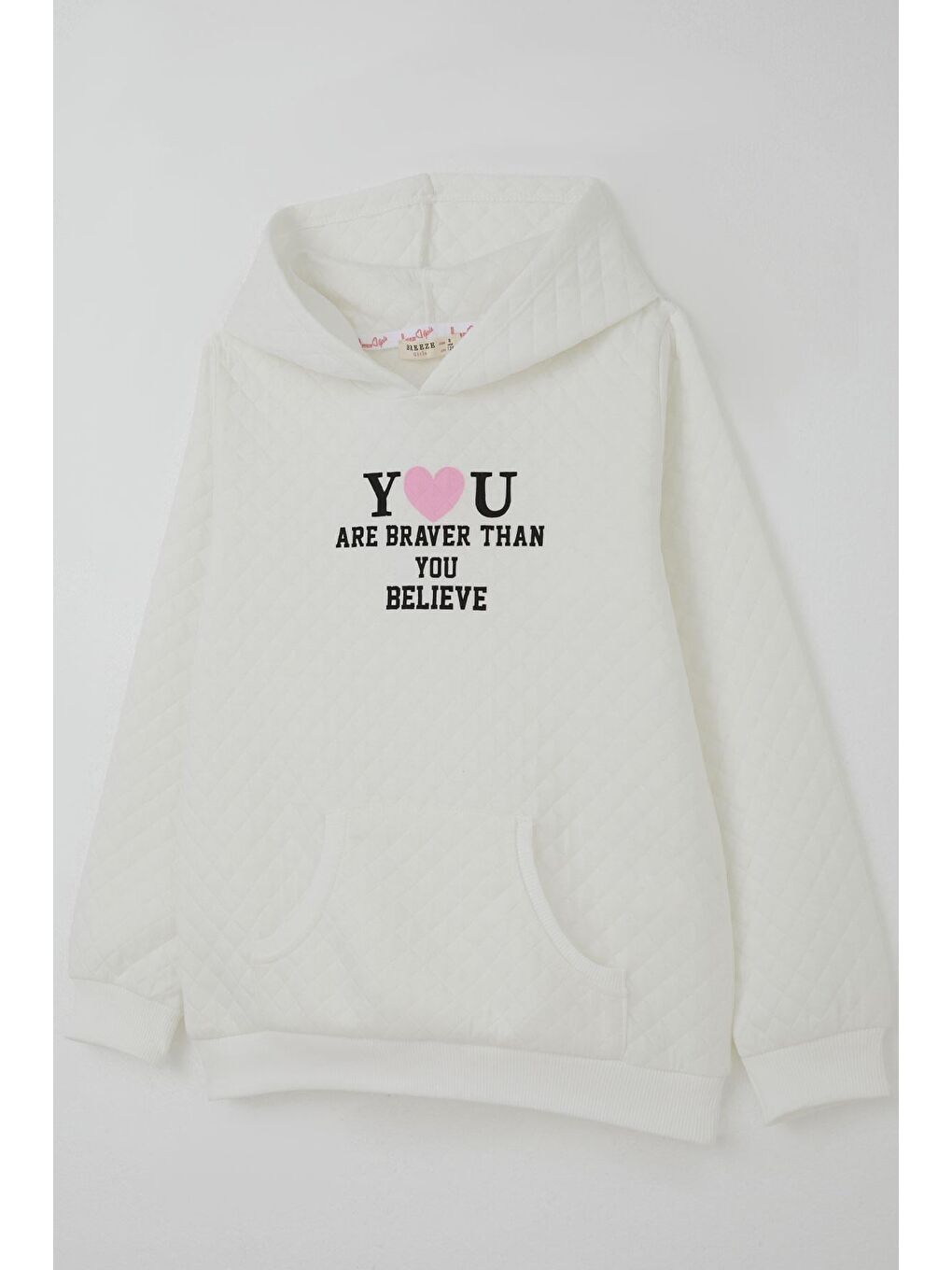 Kız Çocuk Sweatshirt Kapitone Desenli Kanguru Cepli Ekru (8-14 Yaş)-3