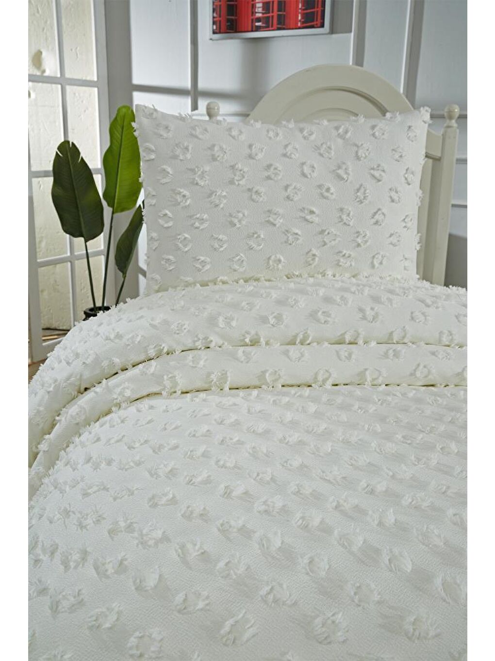 Ekru Konik 2 Parça Tek Kişilik Pike Takımı Krem-1