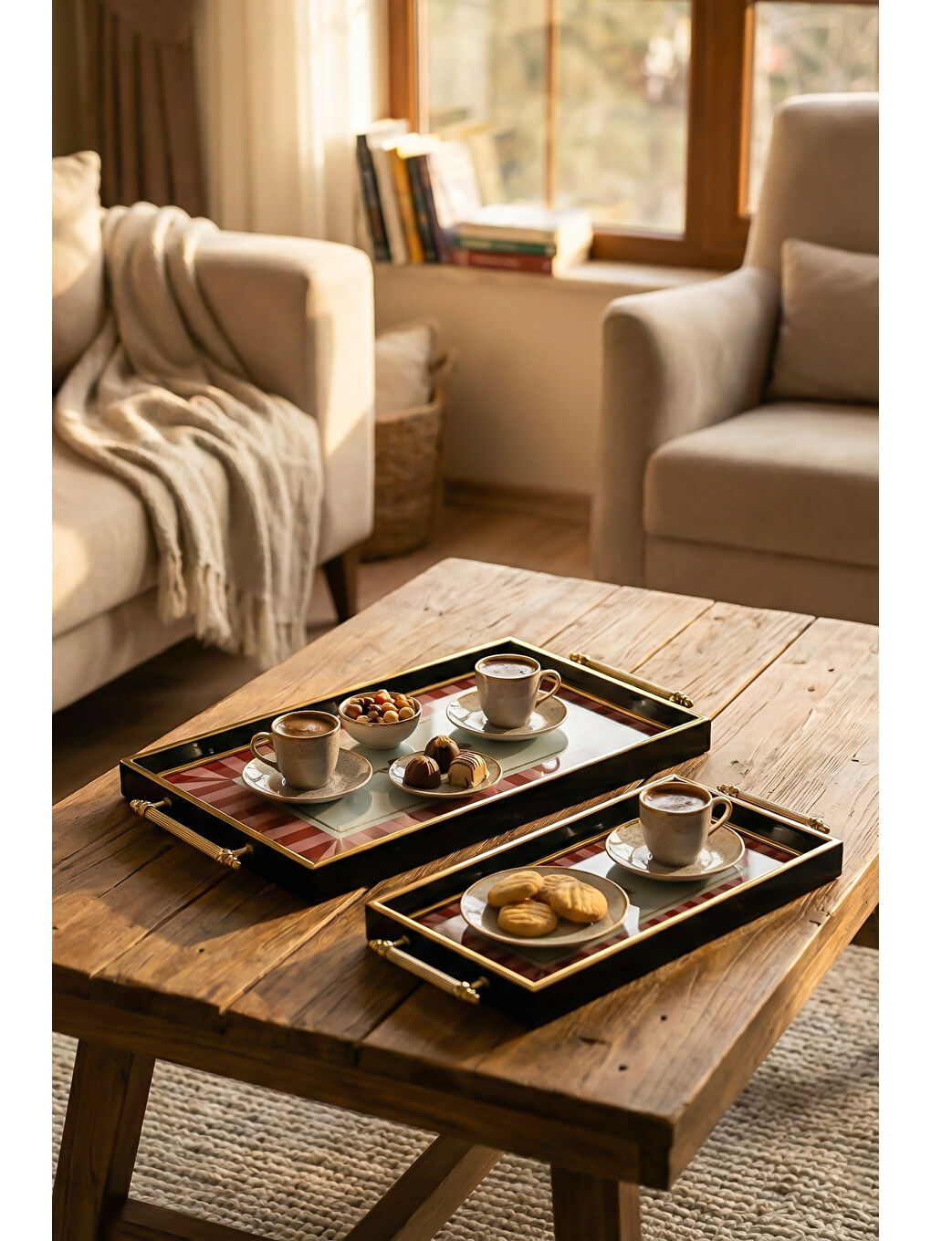 4388 2'li Dekoratif Dikdörtgen Çay ve Kahve Kahvaltılık Sunum Tepsi Seti Pembe