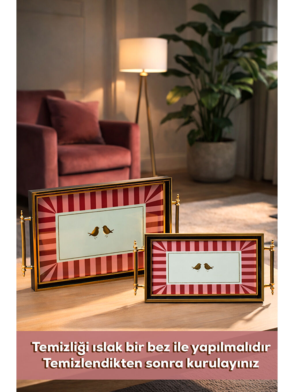 4388 2'li Dekoratif Dikdörtgen Çay ve Kahve Kahvaltılık Sunum Tepsi Seti Pembe-3