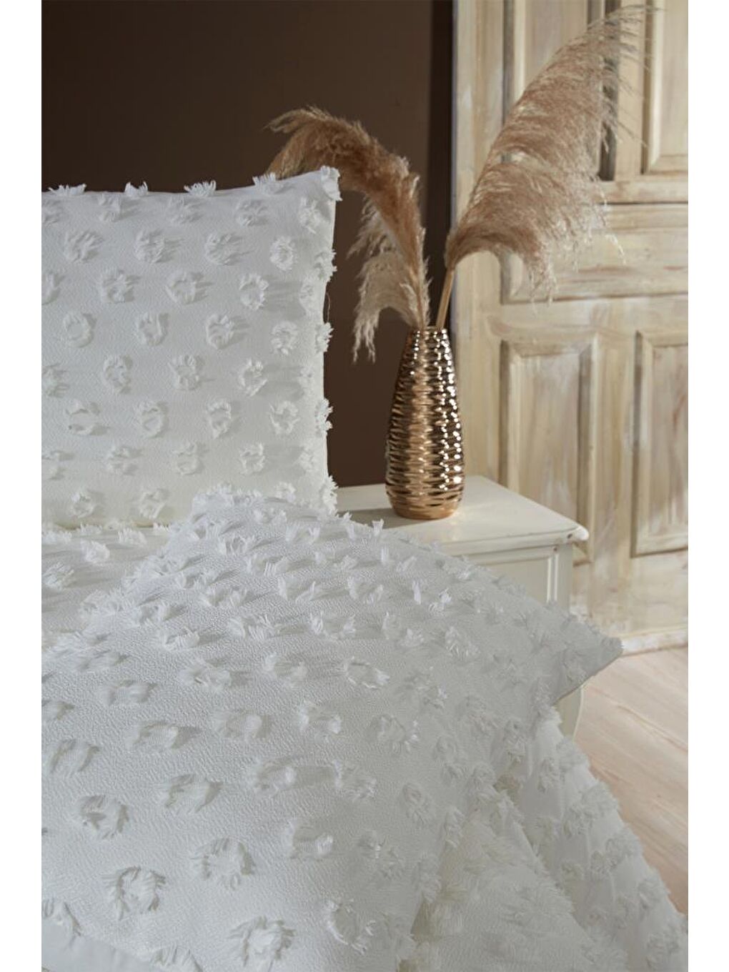 Ekru Konik 3 Parça Çift Kişilik Pike Takımı Krem-1