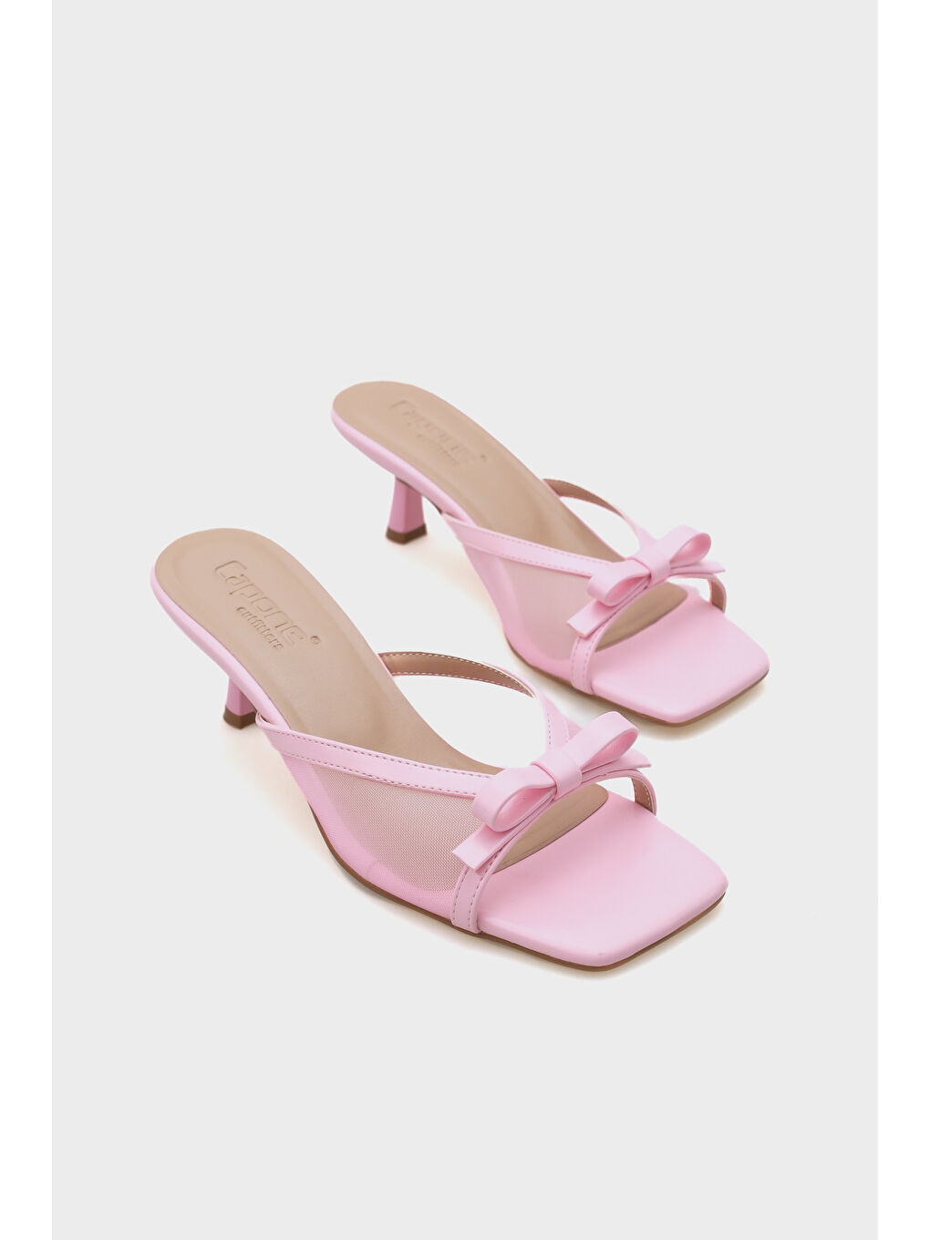 Pembe Midge Orta Topuklu Fileli Fiyonklu Kadın Terlik-1