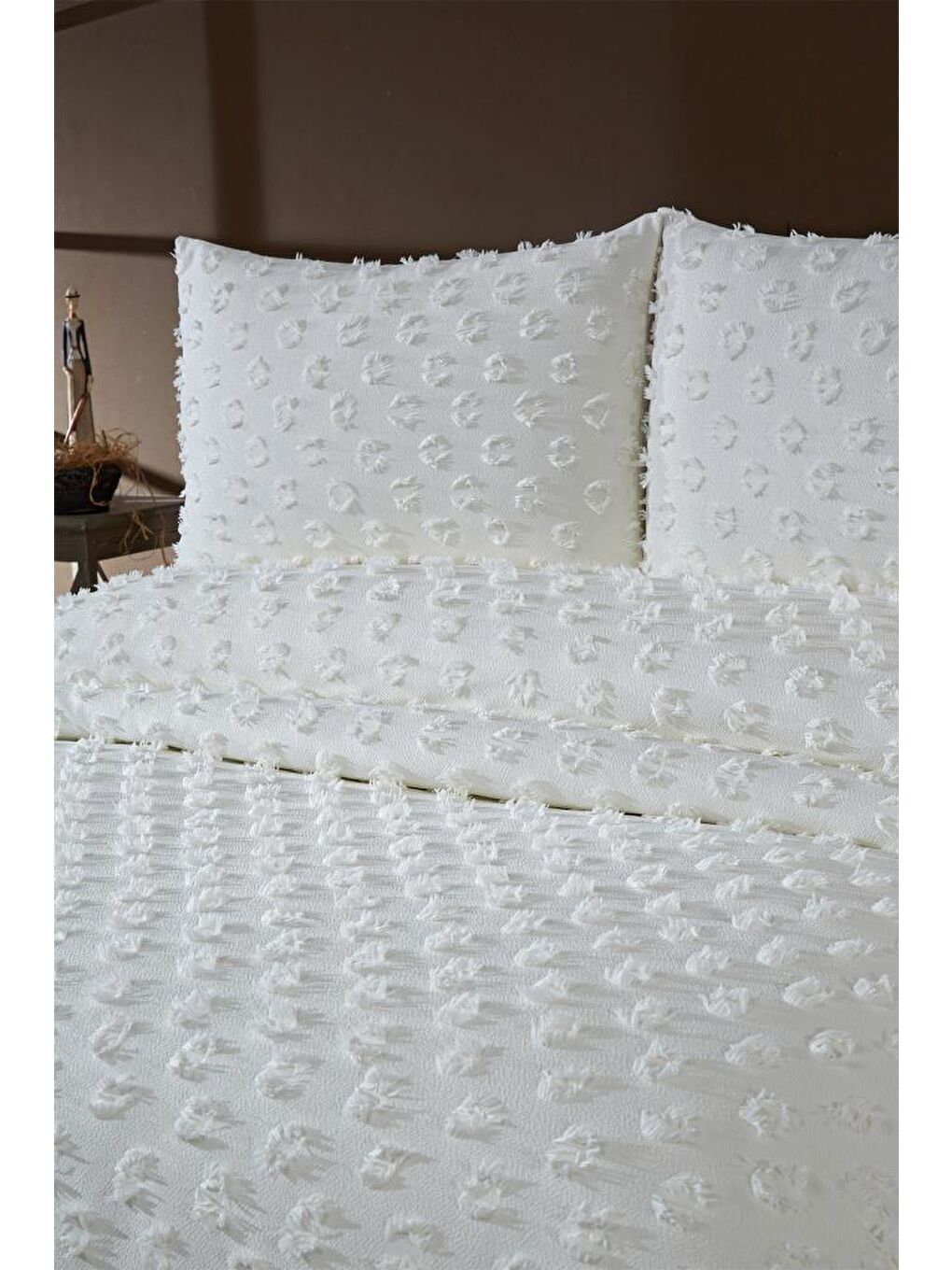 Ekru Konik 3 Parça Çift Kişilik Pike Takımı Krem-2