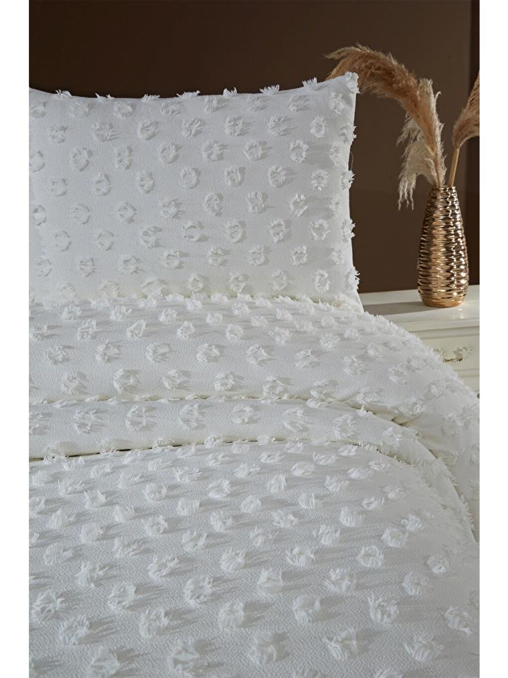 Ekru Konik 3 Parça Çift Kişilik Pike Takımı Krem-3