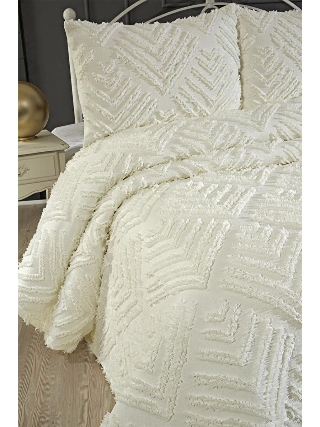 Ekru Pine 3 Parça Çift Kişilik Pike Takımı Krem-1