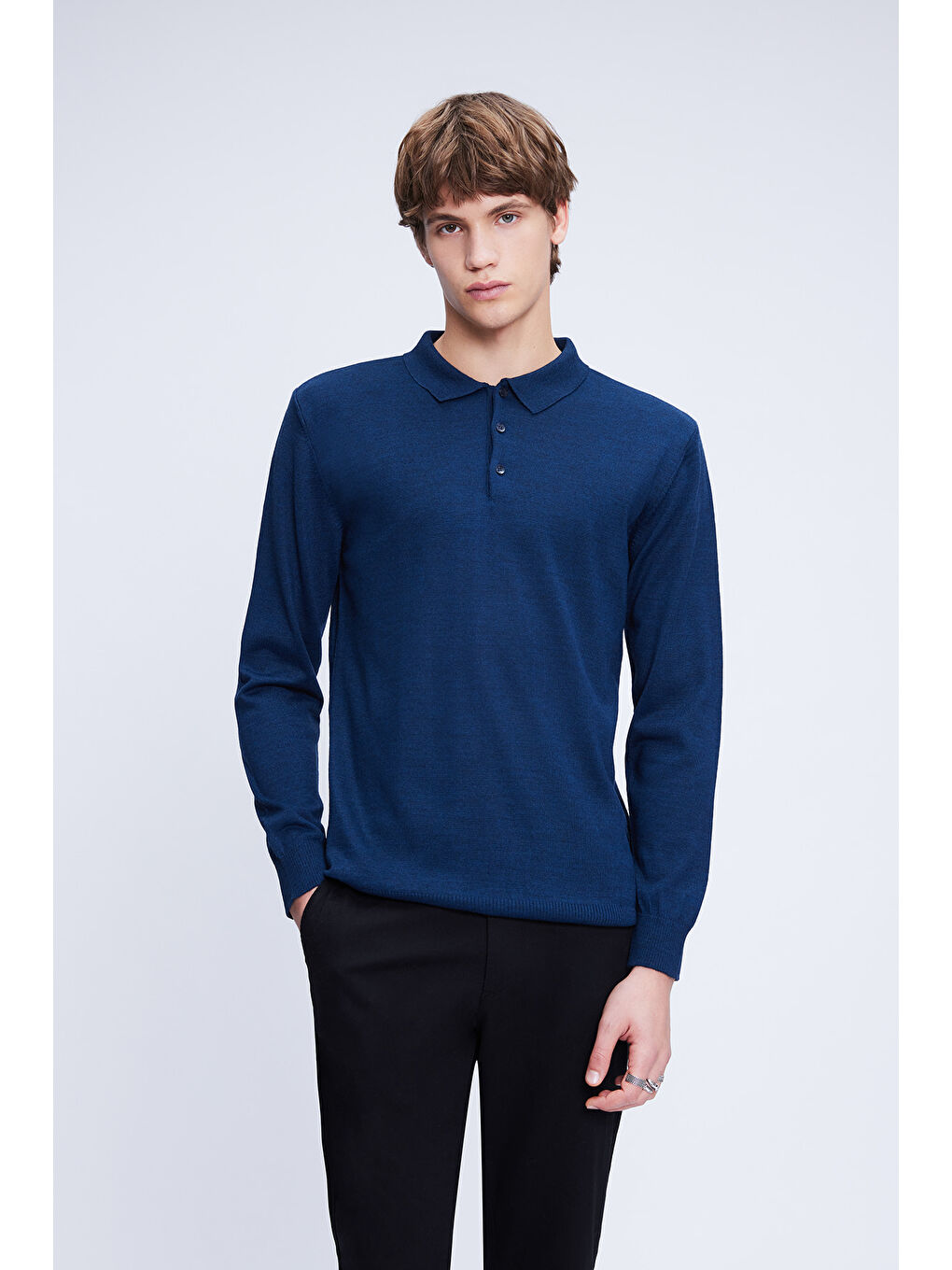 İndigo indigo Regular Fit Düz Polo Yaka Yünlü Triko Kazak