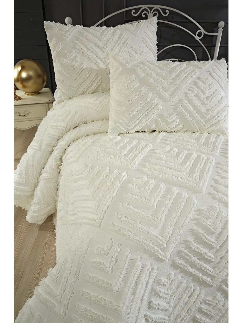 Ekru Pine 3 Parça Çift Kişilik Pike Takımı Krem-2