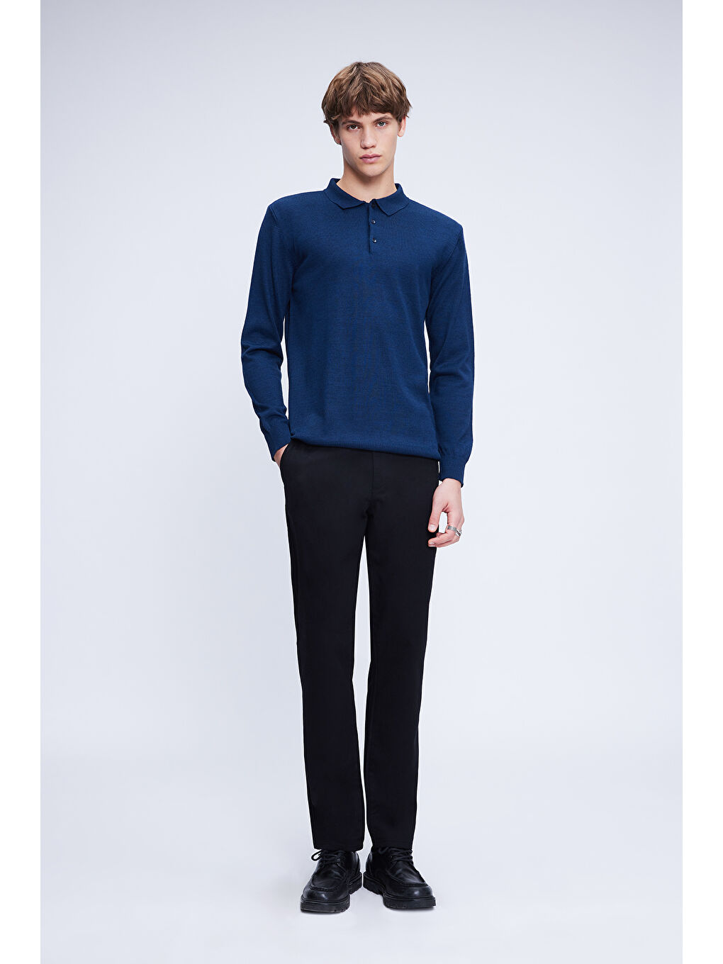 İndigo indigo Regular Fit Düz Polo Yaka Yünlü Triko Kazak-1