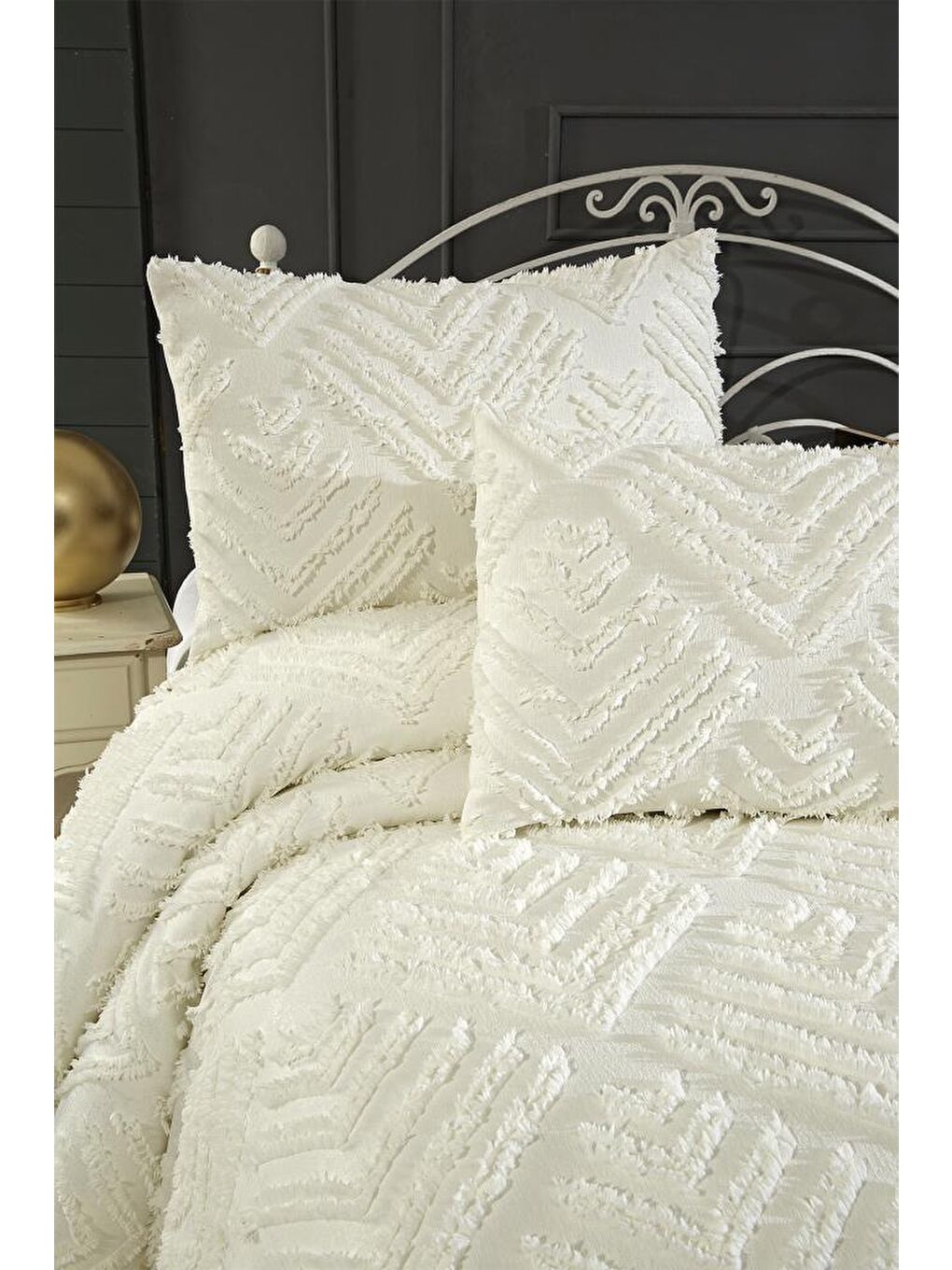 Ekru Pine 3 Parça Çift Kişilik Pike Takımı Krem-3