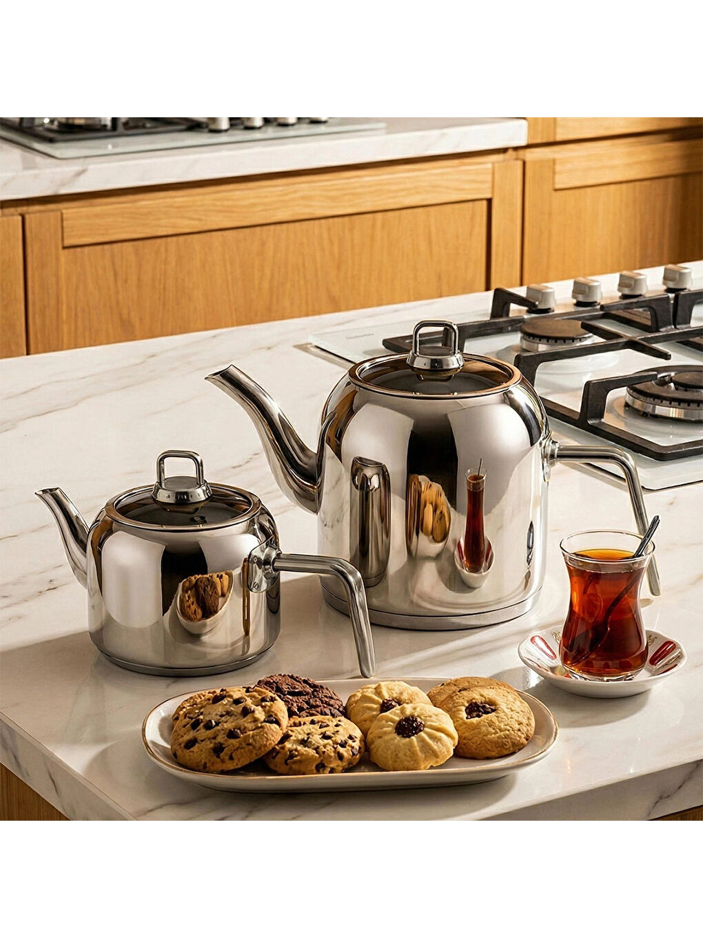 Gri Lcm-0102 Mercan Aile Boy Paslanmaz Çelik Gümüş Kulp 1.25-2.80 Lt Çaydanlık Takımı-1