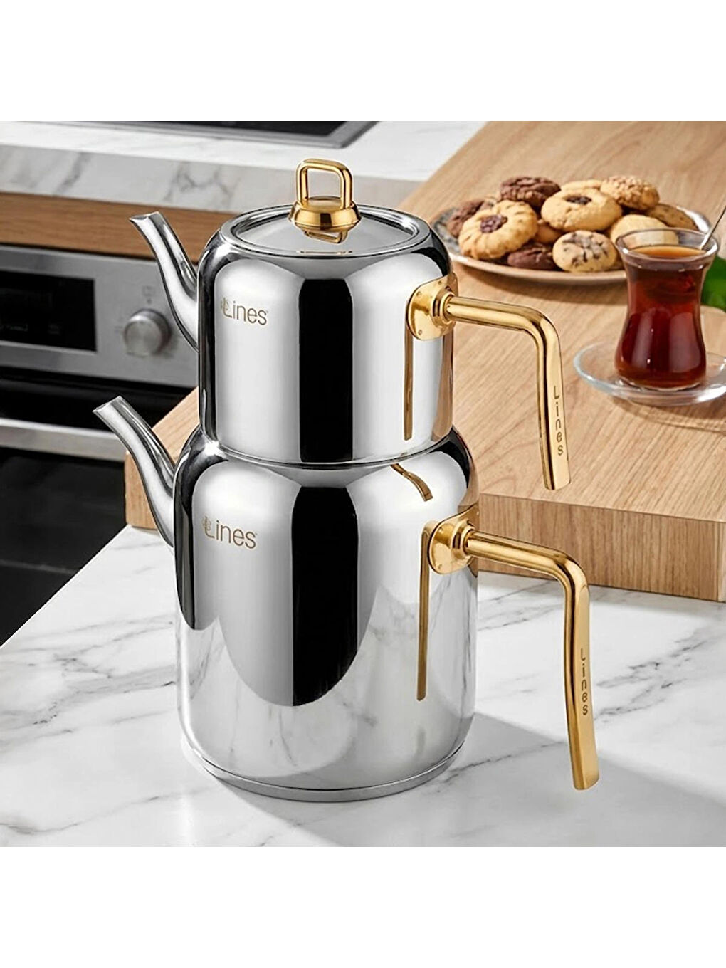 Gri Lcm-0101-2 Mercan Orta Boy Paslanmaz Çelik Gold Kulp 0.80-2.20 Lt Çaydanlık Takımı