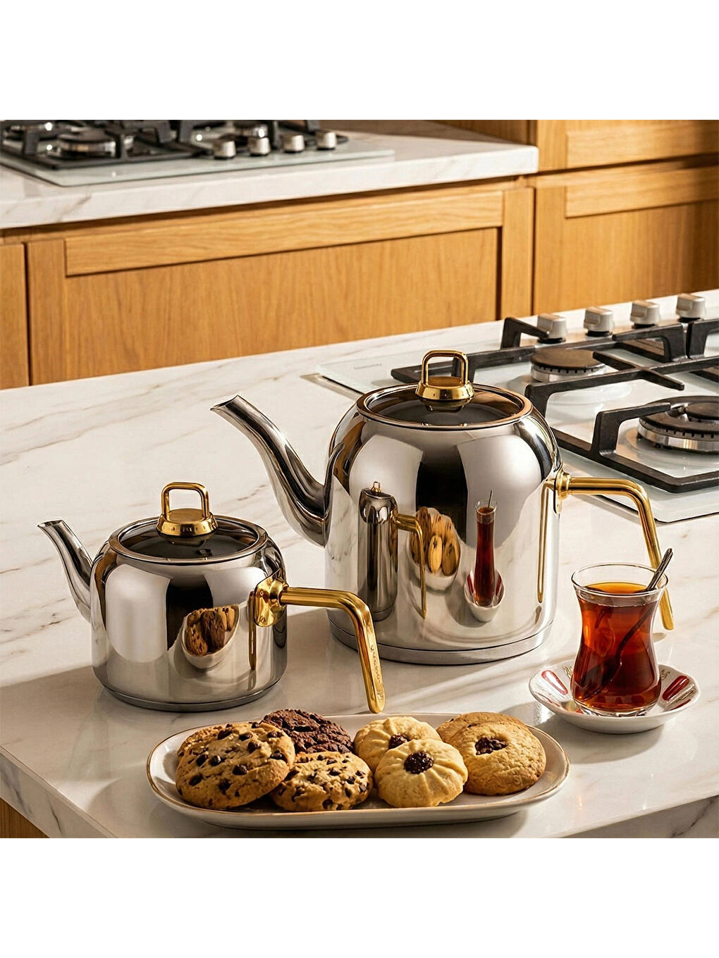 Gri Lcm-0101-2 Mercan Orta Boy Paslanmaz Çelik Gold Kulp 0.80-2.20 Lt Çaydanlık Takımı-1