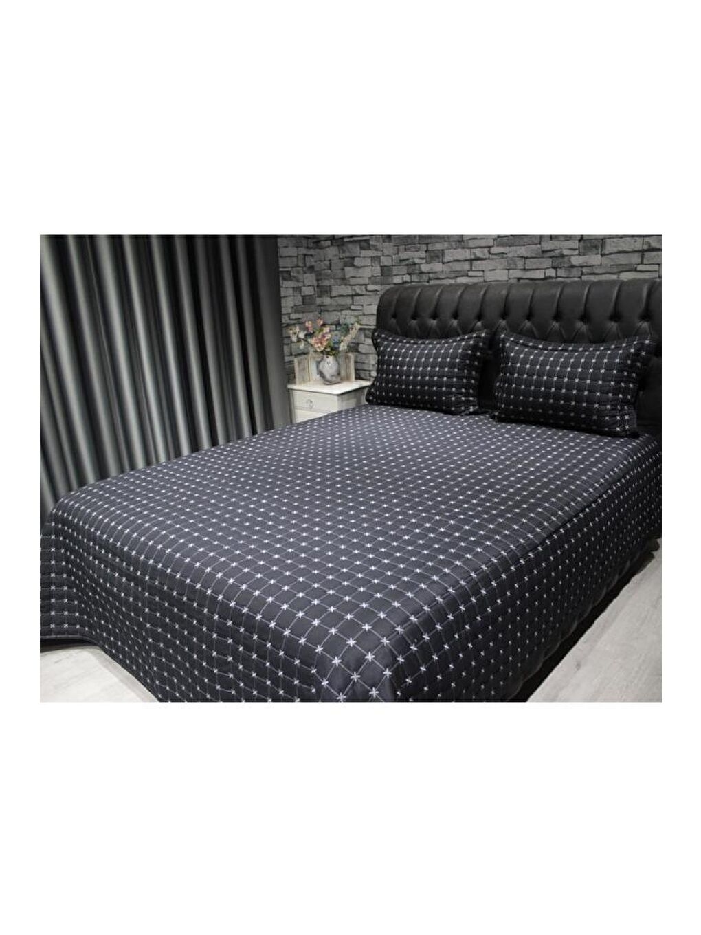 Yıldız Çift Kişilik Kapitoneli Yatak Örtüsü Siyah-6