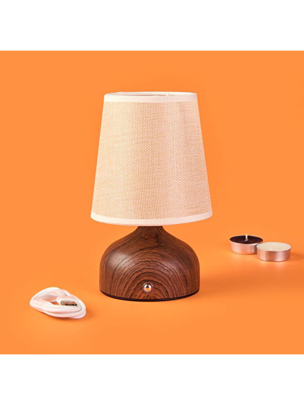 Kahverengi Maite Ahşap Detaylı Pilli Kablosuz Dokunmatik Şarjlı Led Abajur Masa Lambası - Ceviz-2