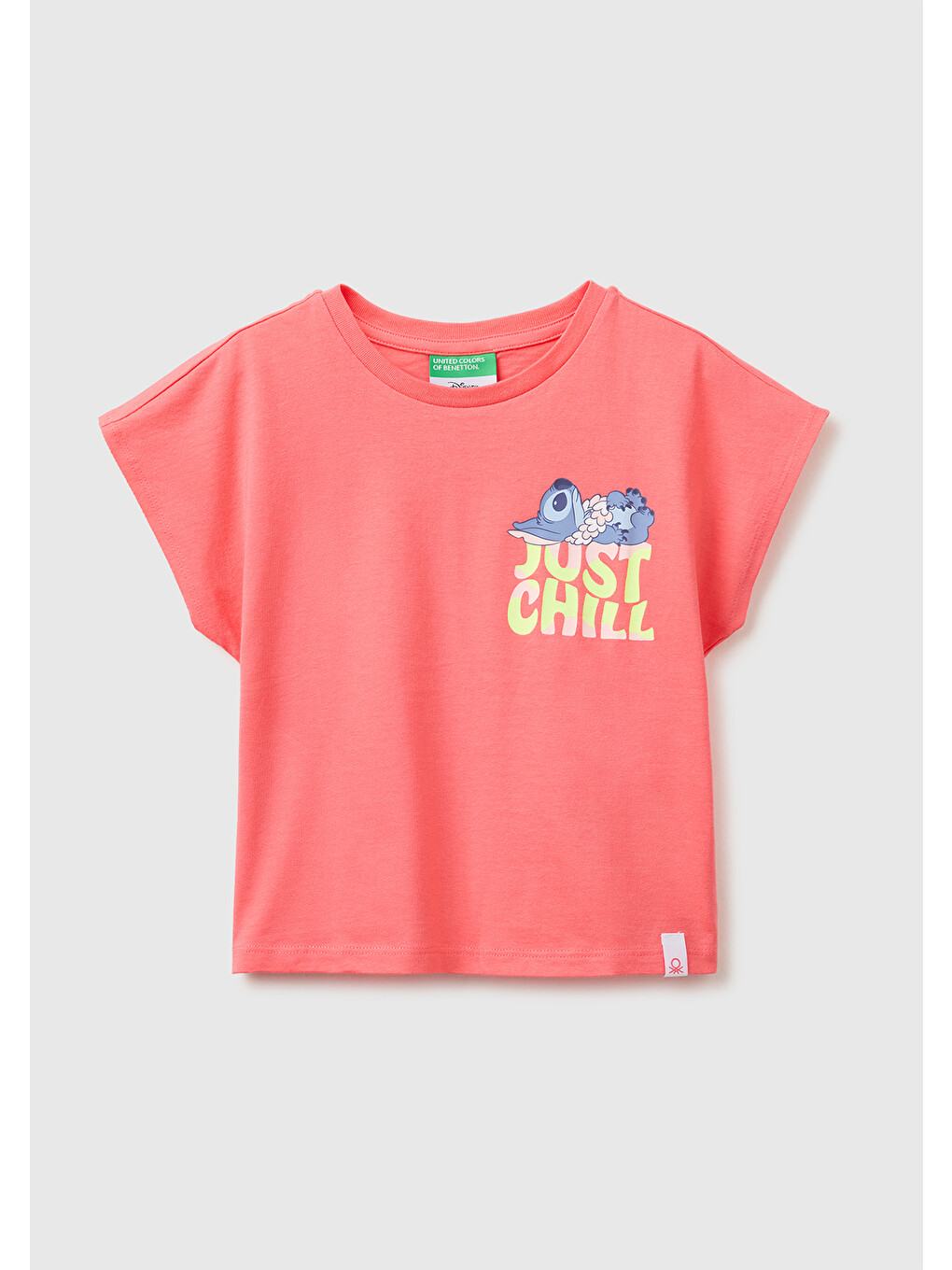 Kız Bebek Mercan Lilo & Stitch Baskı Detaylı Bisiklet Yaka T-Shirt