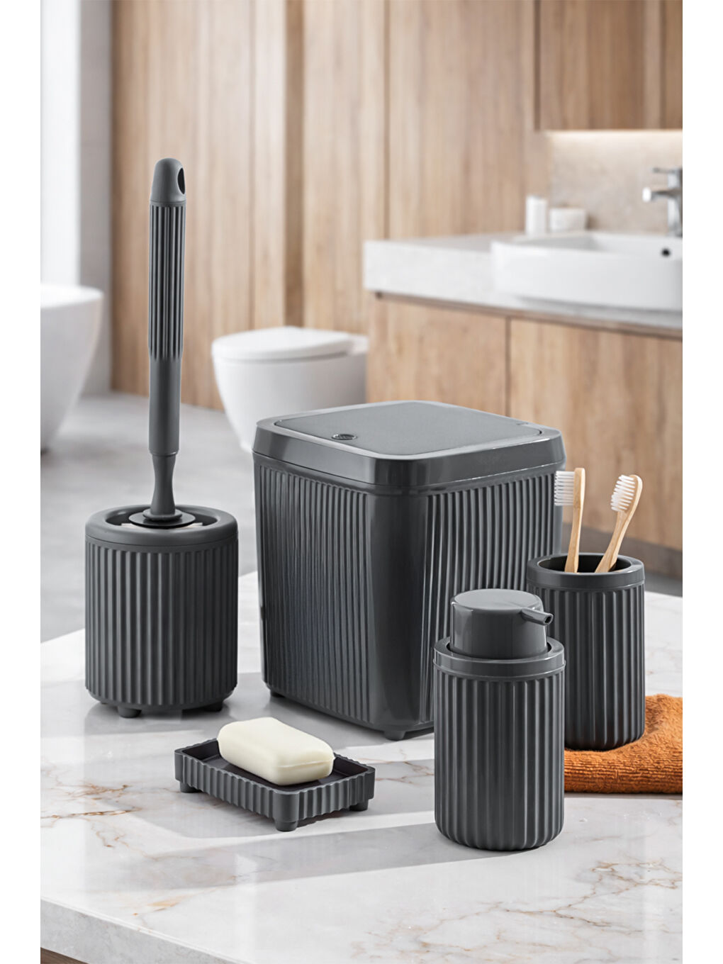 3088 Glev Gri 5 Parça Banyo Seti - Çöp Kovası, Sabunluk, Diş Fırçalığı ve Silikon Wc Fırçası