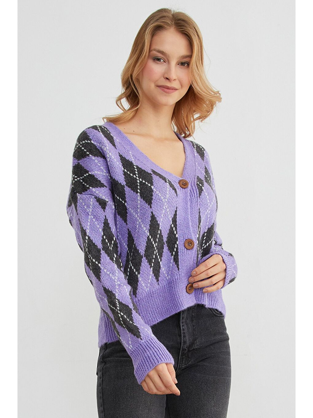 Lila Baklava Desenli Düğmeli Triko Hırka-1