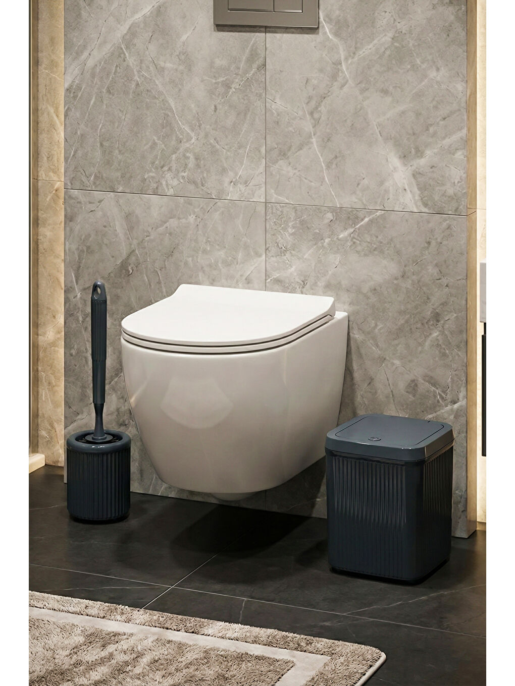 3088 Glev Gri 5 Parça Banyo Seti - Çöp Kovası, Sabunluk, Diş Fırçalığı ve Silikon Wc Fırçası-1