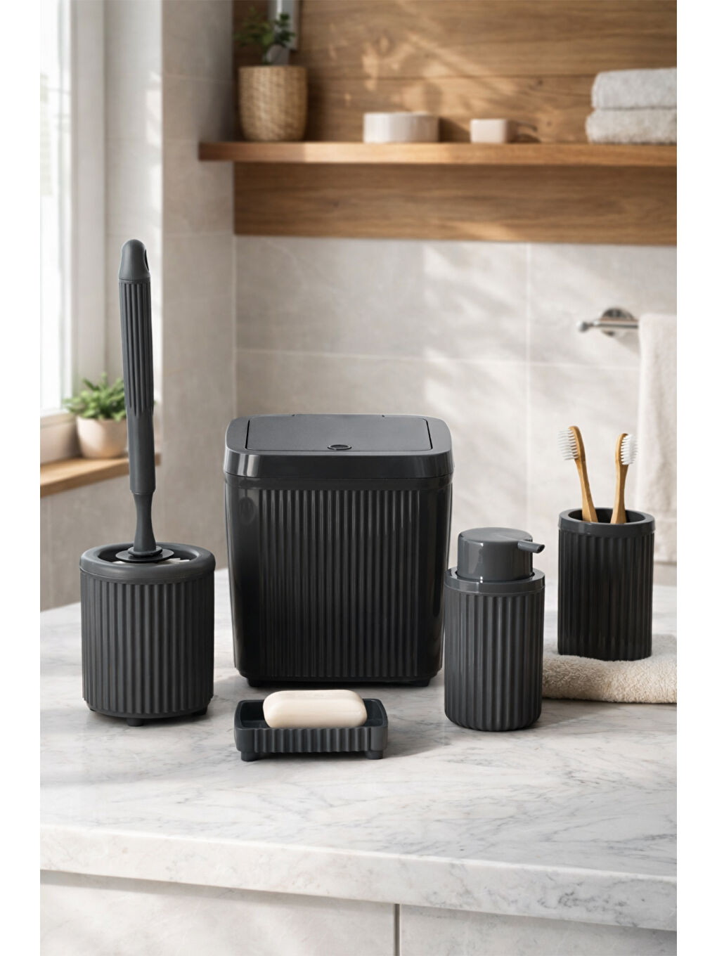 3088 Glev Gri 5 Parça Banyo Seti - Çöp Kovası, Sabunluk, Diş Fırçalığı ve Silikon Wc Fırçası-2