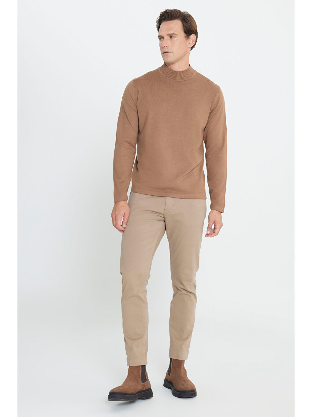 Bej Erkek Vizon Tüylenme Yapmayan Anti-Pilling Standart Fit Yarım Balıkçı Yaka Triko Kazak-1