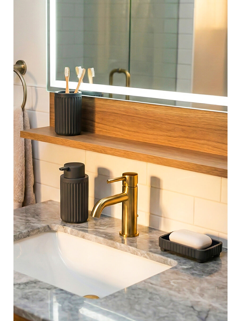 3088 Glev Gri 5 Parça Banyo Seti - Çöp Kovası, Sabunluk, Diş Fırçalığı ve Silikon Wc Fırçası-3