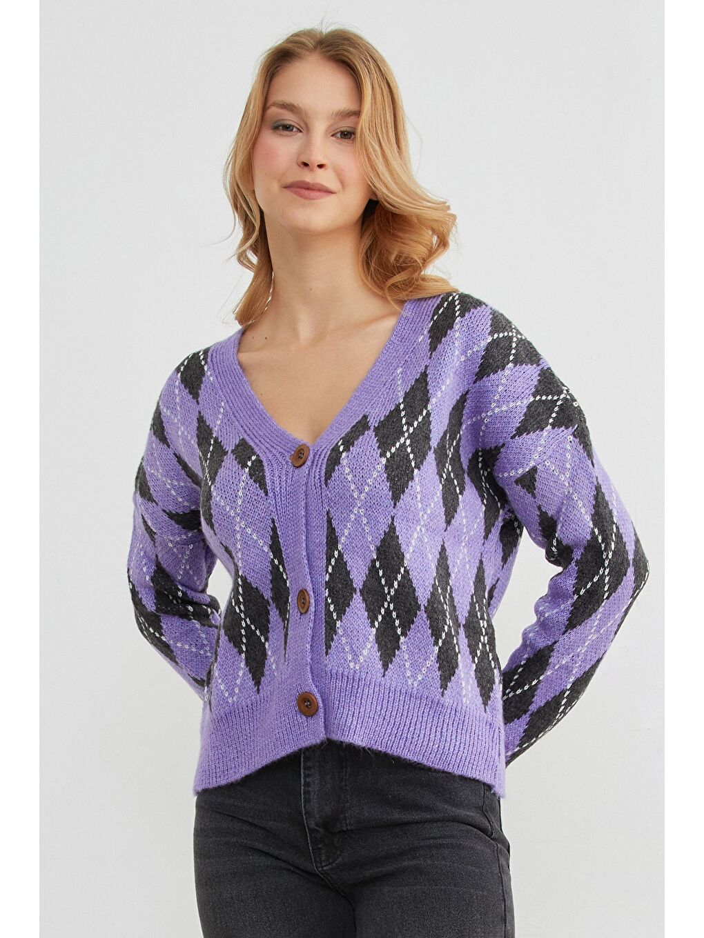 Lila Baklava Desenli Düğmeli Triko Hırka-3