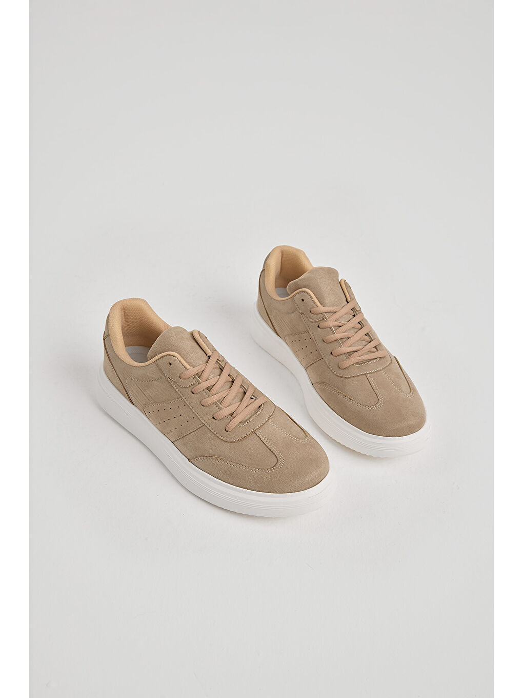 Erkek Bej Kalın Faylon Hafif Taban Bağcıklı Spor Ayakkabı-2
