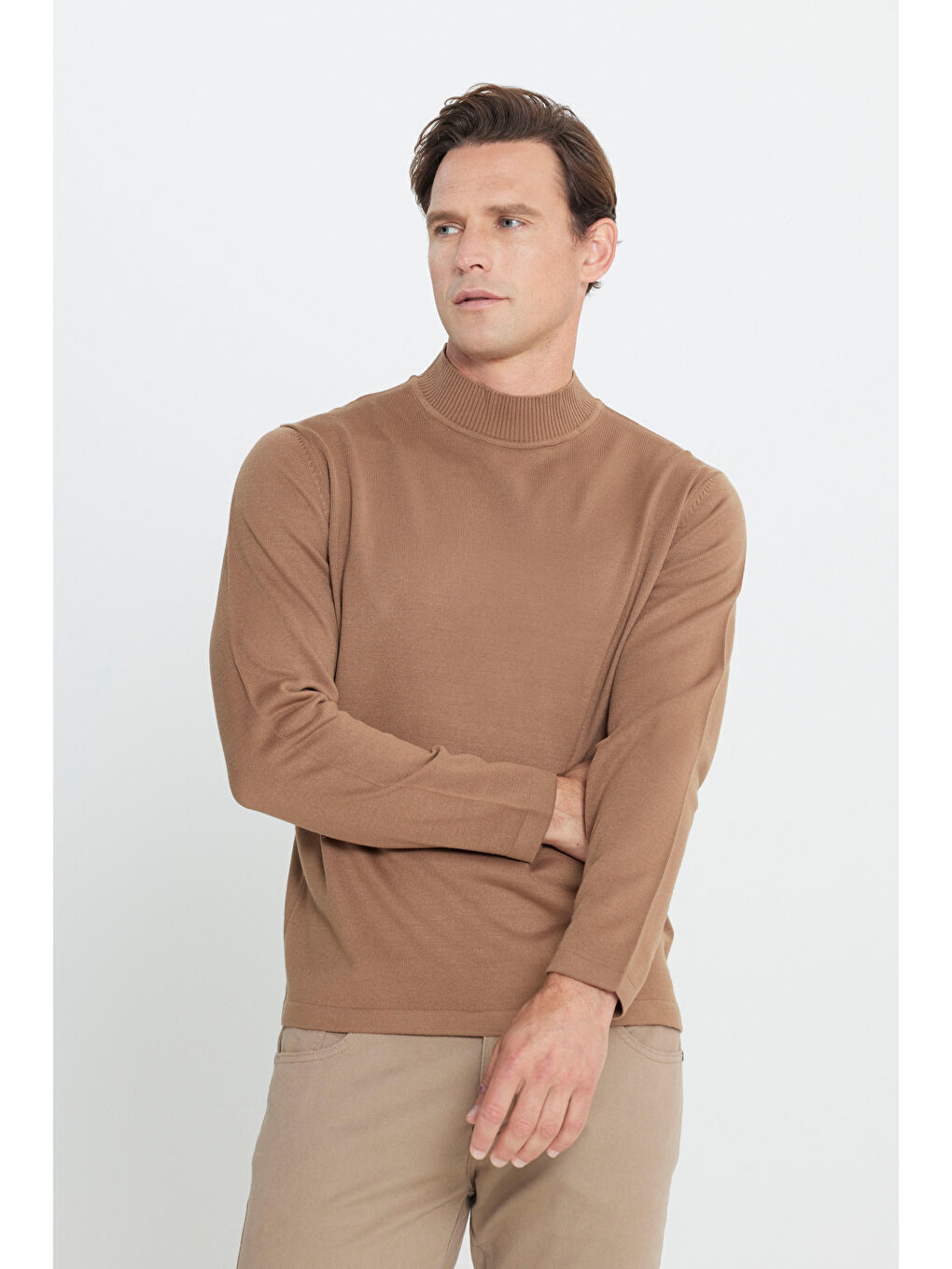 Bej Erkek Vizon Tüylenme Yapmayan Anti-Pilling Standart Fit Yarım Balıkçı Yaka Triko Kazak-2