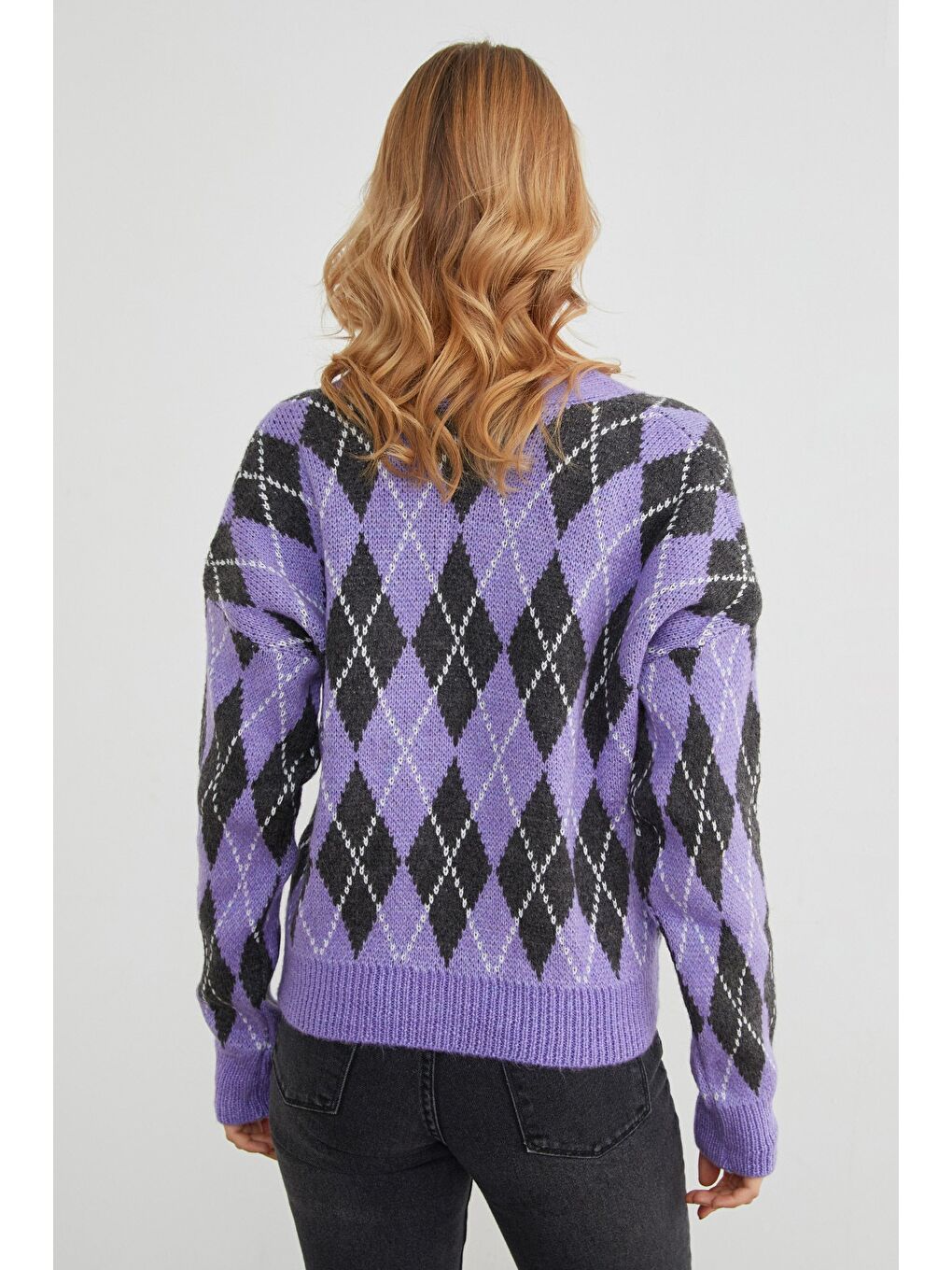 Lila Baklava Desenli Düğmeli Triko Hırka-4