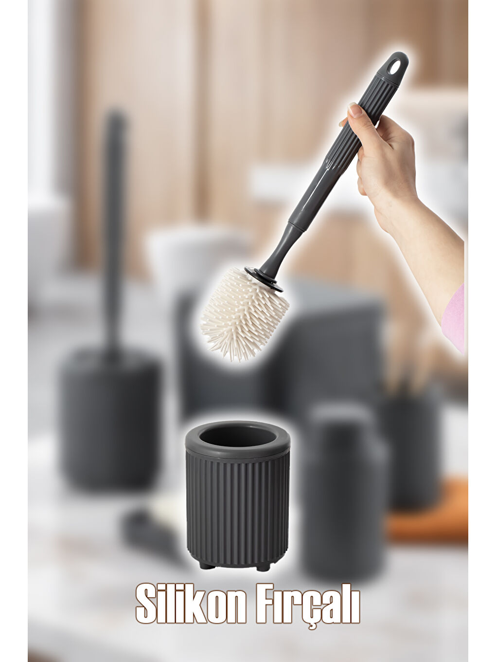 3088 Glev Gri 5 Parça Banyo Seti - Çöp Kovası, Sabunluk, Diş Fırçalığı ve Silikon Wc Fırçası-4