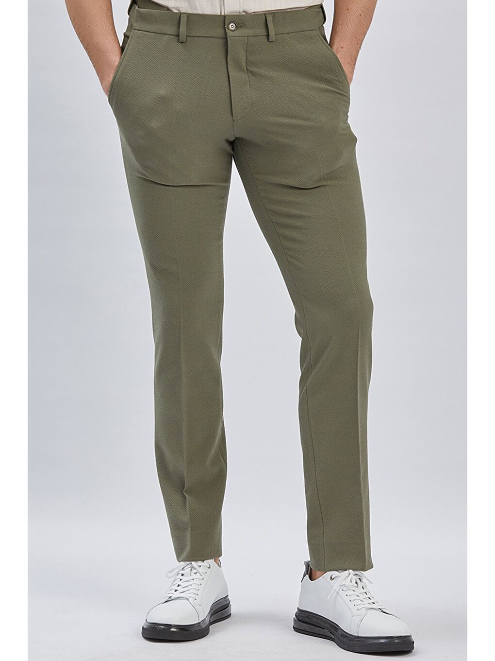 Koyu Haki Esnek Lastikli Yandan Cepli Casual Slim Fit Ayarlanabilir Kemer Pantolon 1003240162-2