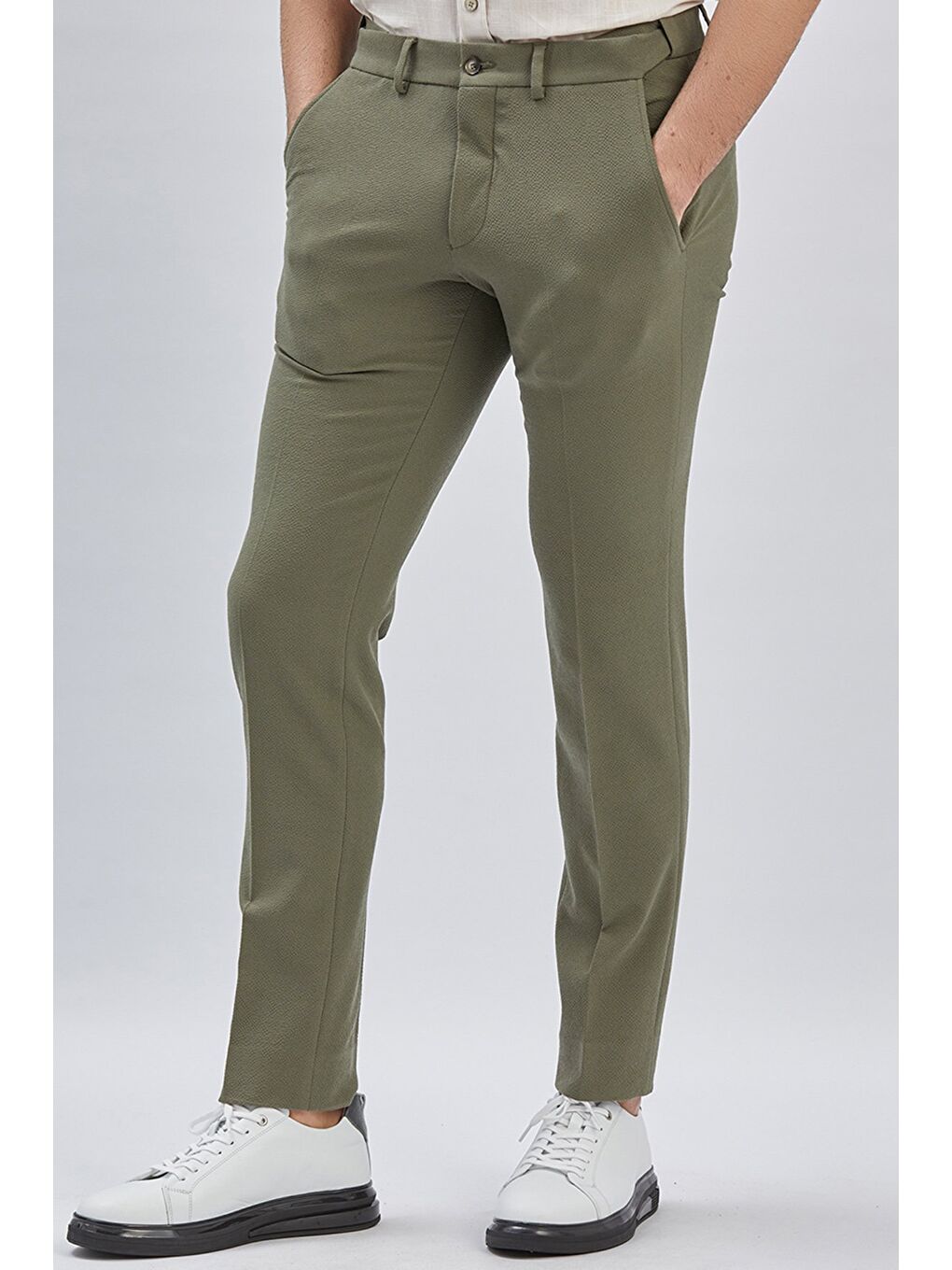 Koyu Haki Esnek Lastikli Yandan Cepli Casual Slim Fit Ayarlanabilir Kemer Pantolon 1003240162-3