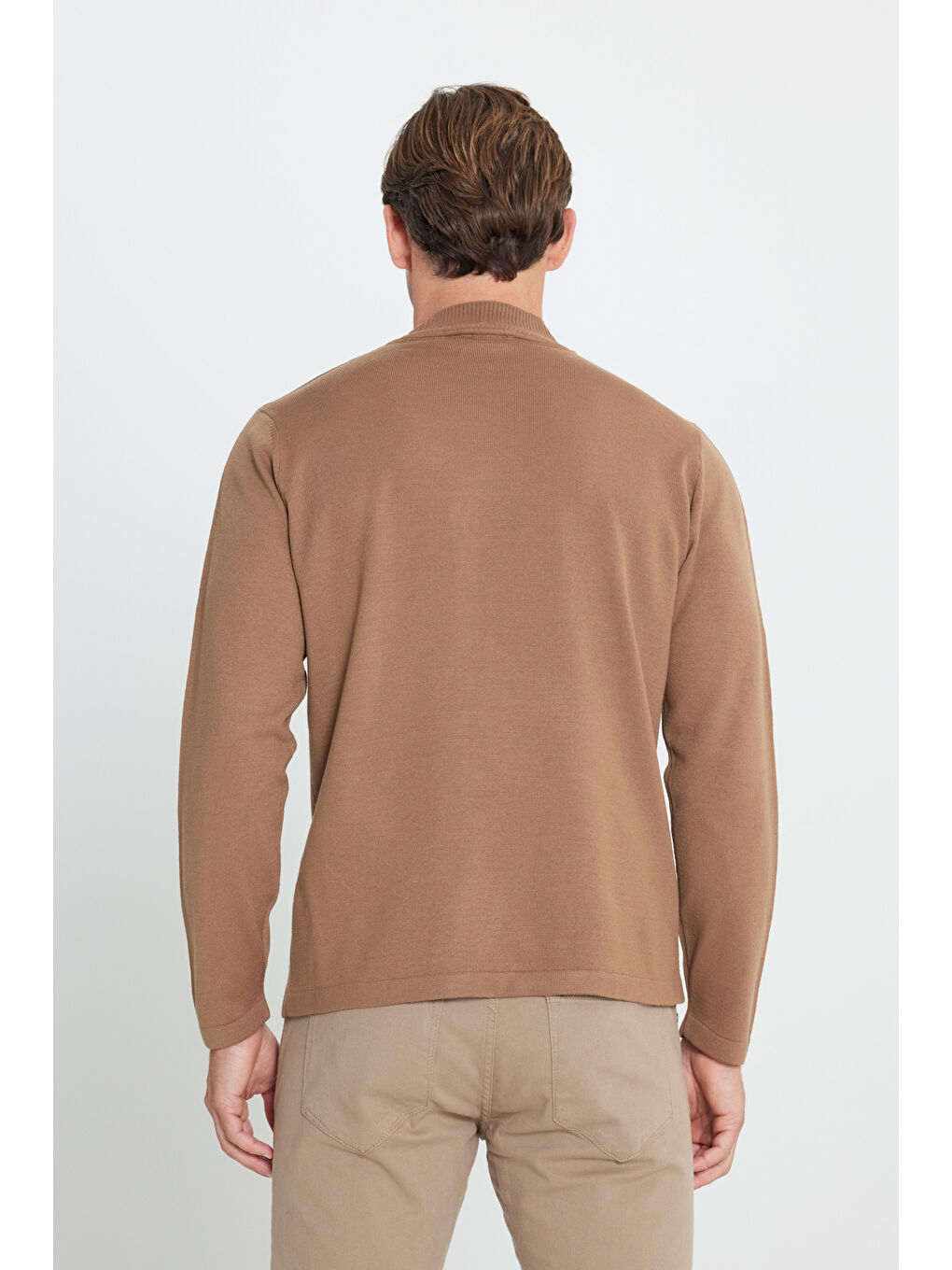 Bej Erkek Vizon Tüylenme Yapmayan Anti-Pilling Standart Fit Yarım Balıkçı Yaka Triko Kazak-4