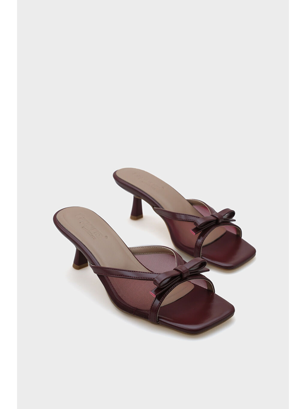 Bordo Midge Orta Topuklu Fileli Fiyonklu Kadın Terlik-1