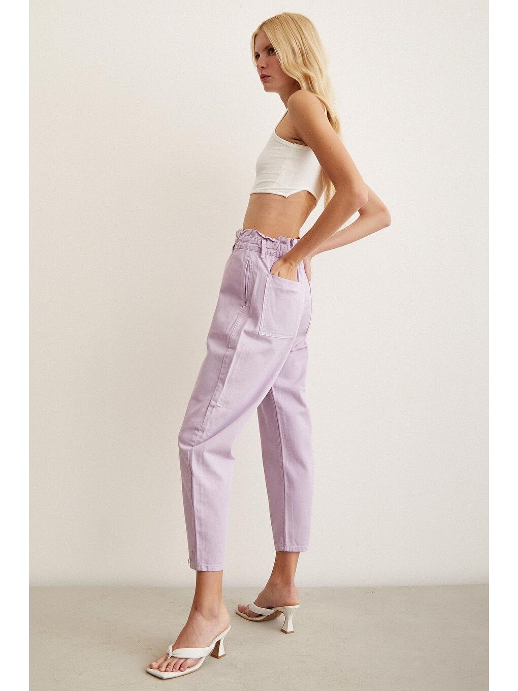 Mor Beli Lastikli Düğme Kapalı Boyfriend Jean-3