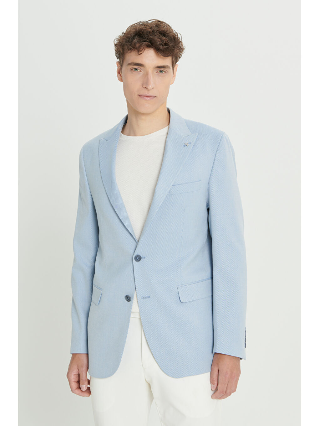Erkek Açık Mavi Slim Fit Dar Kesim Kırlangıç Yaka Blazer Ceket-2
