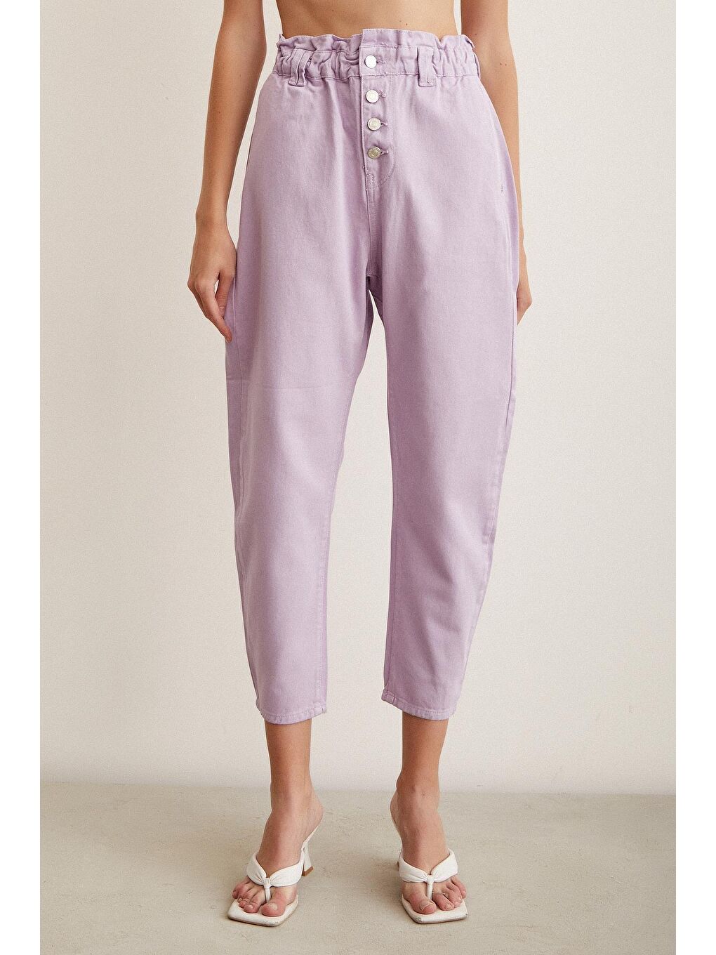 Mor Beli Lastikli Düğme Kapalı Boyfriend Jean-4