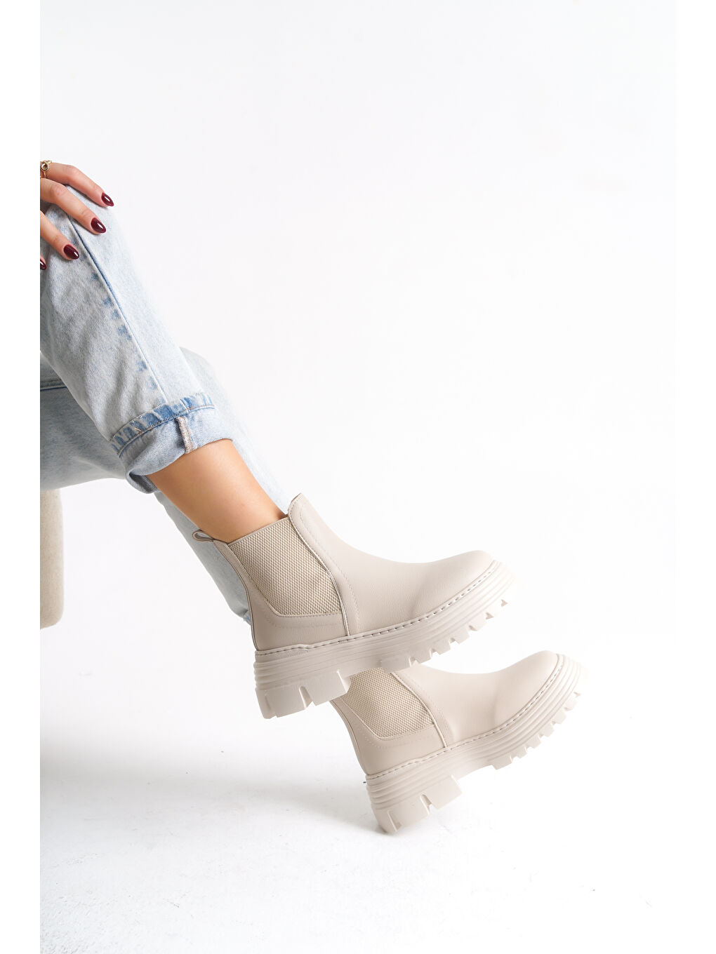 Kadın Bej Kalın EVA Taban Lastikli Bot-1